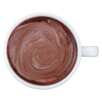top view of hot chocolate in white cup isolated on white. photo