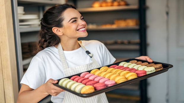 Young woman working in pastry shop with french photo
