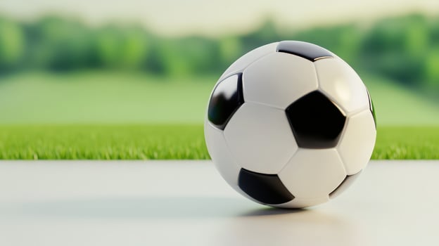 Classic soccer ball placed on clean white surface with blurred green grass field in background photo