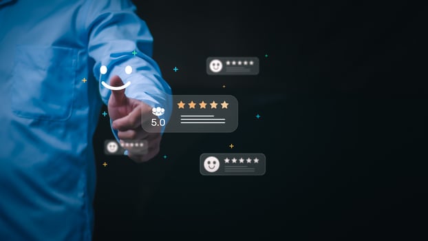 the Online consumer quality or satisfaction assessment. Men are showing satisfaction ratings from using the service. 5 stars means very satisfied, online marketing, after-sales service. photo