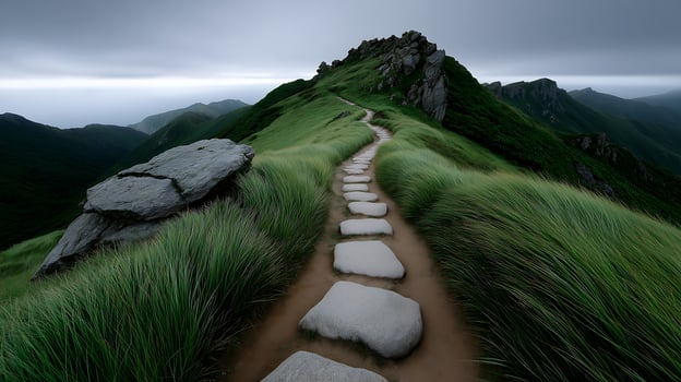 Winding Path Up Green Grassy Hill to Mountain Peak photo