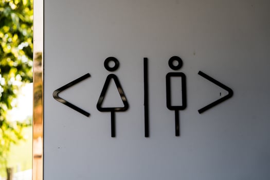Restroom door with male and female symbols on wall. photo