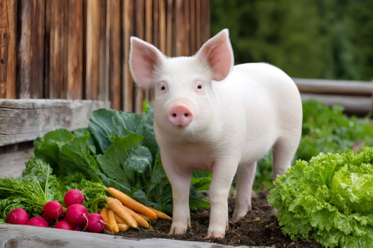 Pig standing in vegetable garden near wooden fence photo