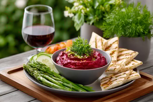 Beetroot hummus with grilled pita bread and fresh vegetables enjoying outdoor photo