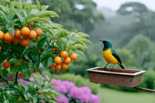 Colorful bird perched near vibrant orange fruits photo