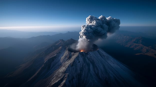 Aerial View of Erupting Volcano with Ash and Smoke Plumes Against a Blue Sky photo