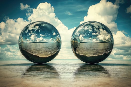 Two reflective spheres showing mirrored water and cloudy sky on beach photo