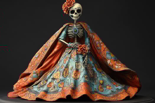 Catrina doll wearing colorful sombrero and dress decorated with roses celebrating day of the dead. photo