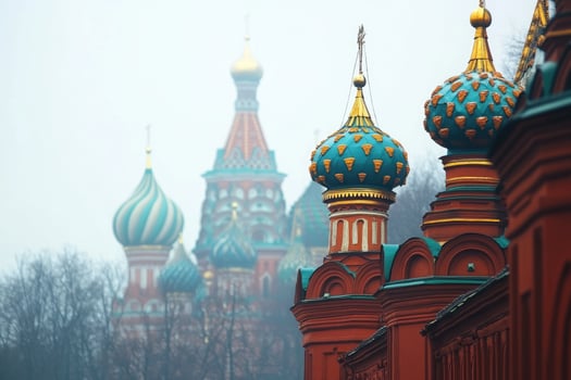 Colorful domes of saint basil's cathedral rising above foggy red square in moscow photo