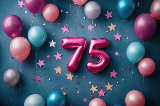 Colorful balloons and confetti celebrating 75th birthday or anniversary photo
