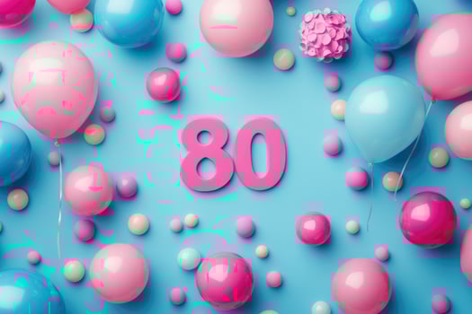 Pink number eighty surrounded by colorful balloons celebrating an eightieth birthday party photo