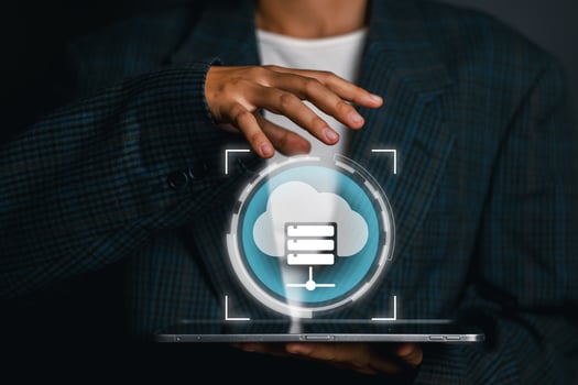Visual representation of hosting with cloud technology, showcasing digital data management on a sleek tablet device. photo