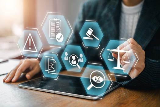 Visual representation of compliance with icons symbolizing legal and regulatory standards on a digital interface. photo