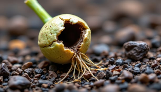 close up view of a cracked open seed pod with tiny roots emerging from its base, signaling early germination. photo