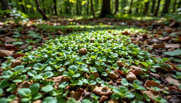 close up view of creeping ground cover spreading across a shaded forest floor. photo