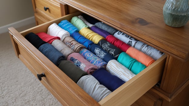 A well-organized drawer showcases neatly rolled t-shirts of various colors, promoting tidy storage. photo