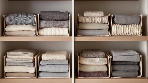 Soft towels and blankets are neatly folded on wooden shelves for an organized appearance. photo