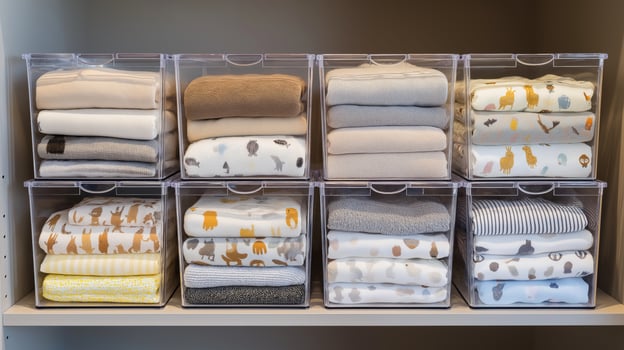 Soft blankets are folded and arranged in clear containers on a shelf, creating a tidy display. photo