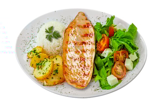 Rice, grilled chicken steak salad food photo