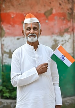 Indian Independence Day Greeting Advertisement With Elderly Indian Man Honoring Freedom with Flag photo