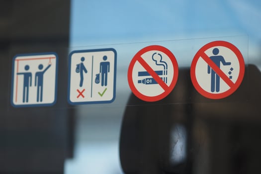 Important safety and behavior signs in a public space photo
