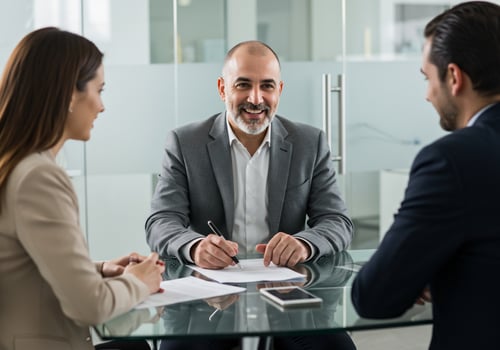 A man and woman in business attire sitting at a table photo