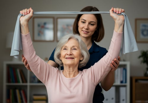 A woman is helping an older woman with her exercise band photo