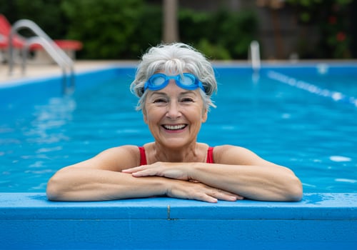 An older woman in a red swimsuit is smiling in a pool photo