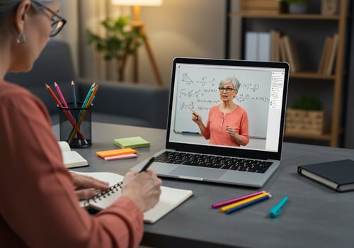 A woman is sitting at a desk with a laptop and a whiteboard photo