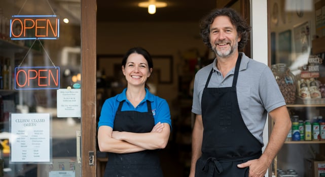 A man and woman standing in front of a business photo