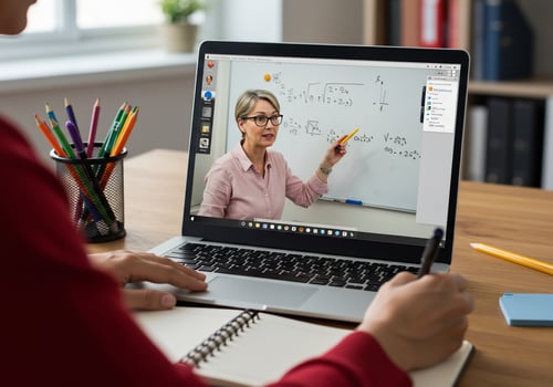 A woman is using a laptop to take a call photo
