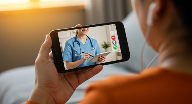 A woman holding a smart phone with a of a doctor on it photo