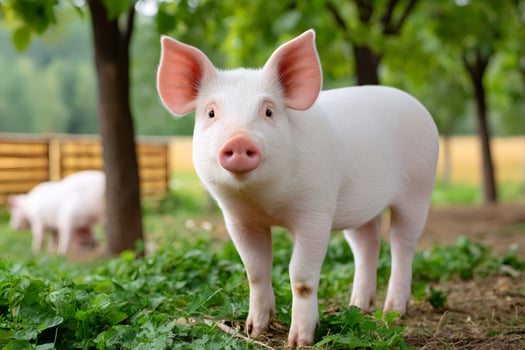 Young pig standing in green grass on farm photo