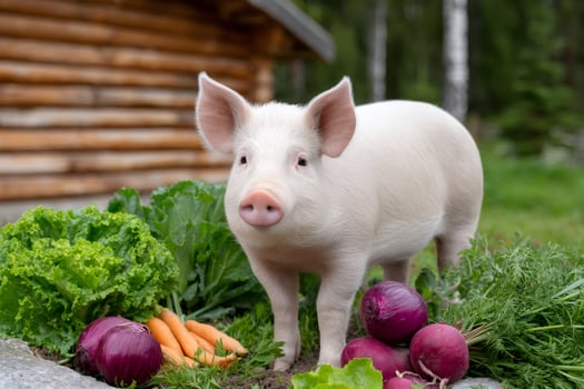 Pig standing near fresh vegetables in front of wooden house photo