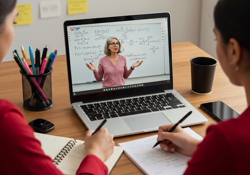 Two women are sitting at a desk with a laptop and a whiteboard photo