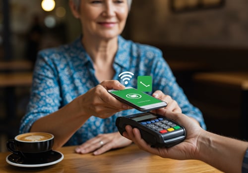 A woman using a mobile payment app to pay for a coffee photo