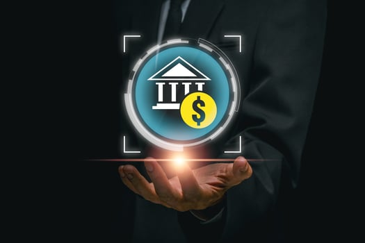 A businessman presents a digital icon symbolizing financial bonds, highlighting investment opportunities in a modern market. photo