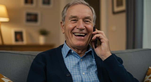 An older man is smiling while talking on the phone photo