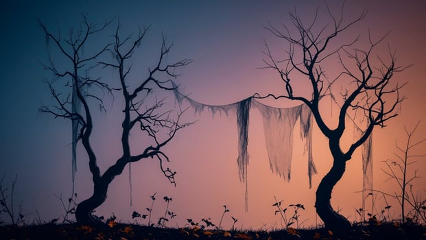 Atmospheric halloween background with silhouettes of trees without leaves and spider web drape against gradient sky at dusk, empty space. . photo
