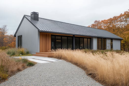 A lovely house featuring a gravel driveway that leads directly to it photo