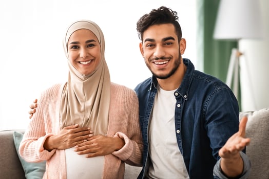 Cheerful Pregnant Islamic Spouses Making Call From Home, POV Screenshot. Happy Middle Eastern Spouses Awaiting For Baby Talking At Camera Making Pregnancy Announcement To Friends, Collage photo