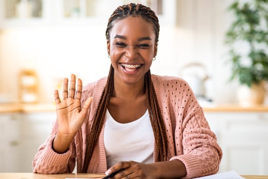 Joyful black woman making call with laptop in kitchen interior, waving at screen, cheerful african american female having online web conference at home, screenshot image from device, collage photo