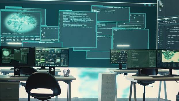 High tech governmental cyber security room without staff at work. Preventing cyber threats, phishing attacks and data breaches with advanced network security and digital protection. Camera A. photo