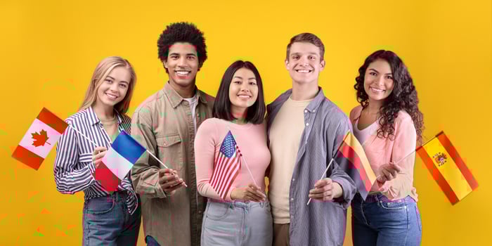 Group of friends with international flags photo