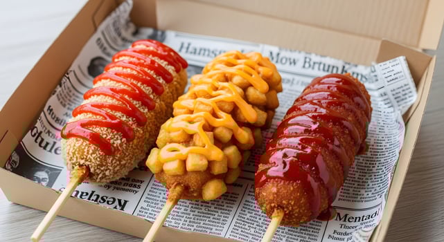 Korean corn dogs with toppings, featuring unique waffle fry and breadcrumb coatings, placed in a takeout box, Korean street food corn dogs with cheese sauce, ketchup, and various textures photo