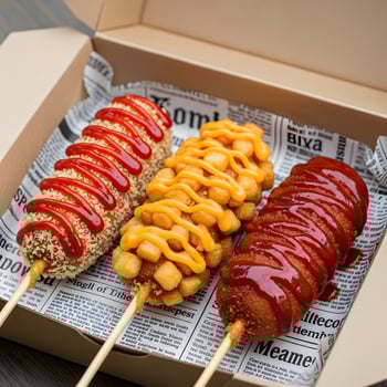 Korean corn dogs with ketchup, cheese, and sweet chili sauces, A delicious and visually appealing Korean street food assortment in a takeout box photo
