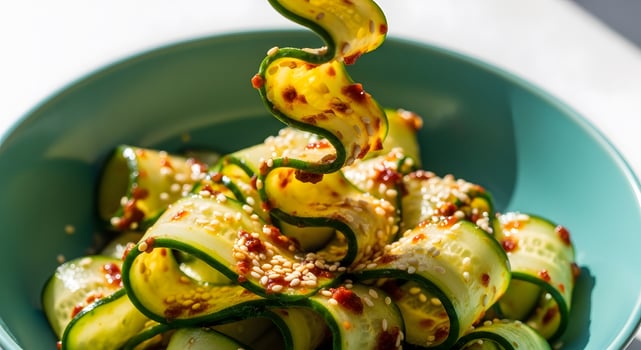 Spiraled Cucumber Salad with Sesame Seeds and Chili Flakes on Blue Plate, Delicious and Refreshing Korean Cucumber Salad with Spicy Dressing and Sesame Seed Garnish photo