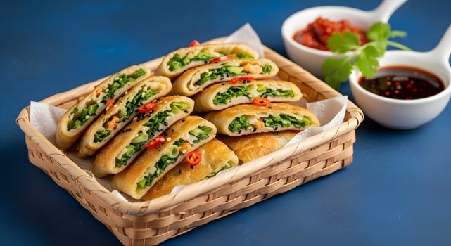 Spring onion pancakes in a basket photo