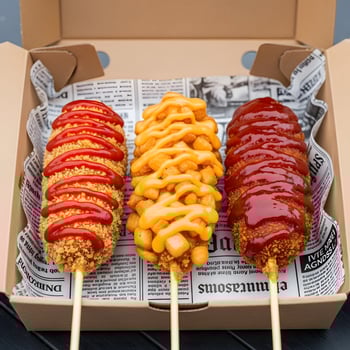 Three Korean corn dogs with sauces photo