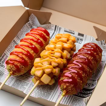 Three cheese corn dogs with sauces photo